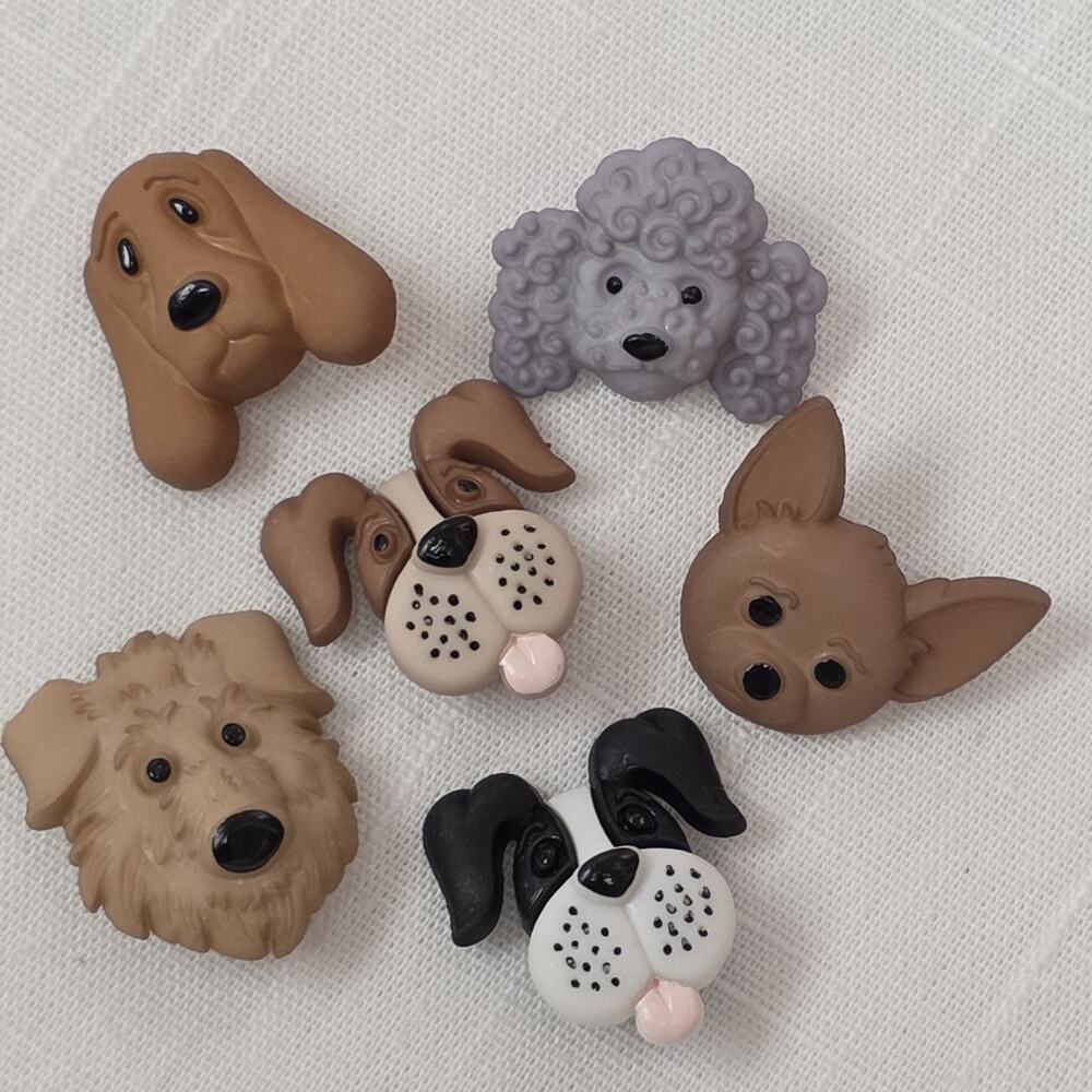 Lot of 6 Dog Face Shank Buttons Puppy Poodle Chihuahua Novelty Sewing Craft